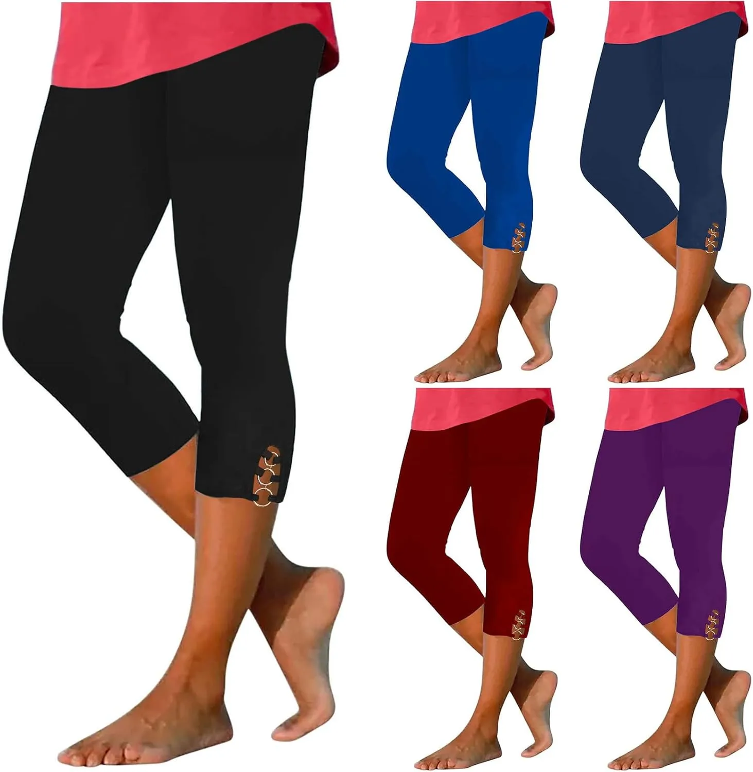 maisdgop Women's Capri Pants Tummy Control Knee Length Yoga Leggings Casual Sexy Solid Cutout High Waisted Cropped Pant