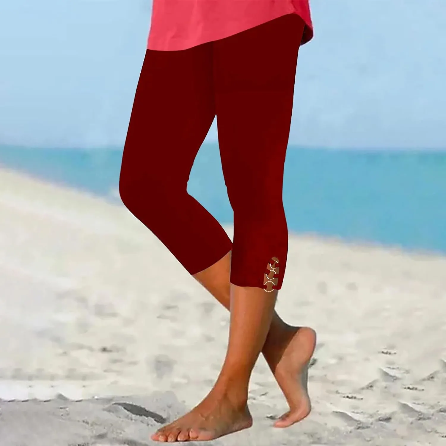maisdgop Women's Capri Pants Tummy Control Knee Length Yoga Leggings Casual Sexy Solid Cutout High Waisted Cropped Pant
