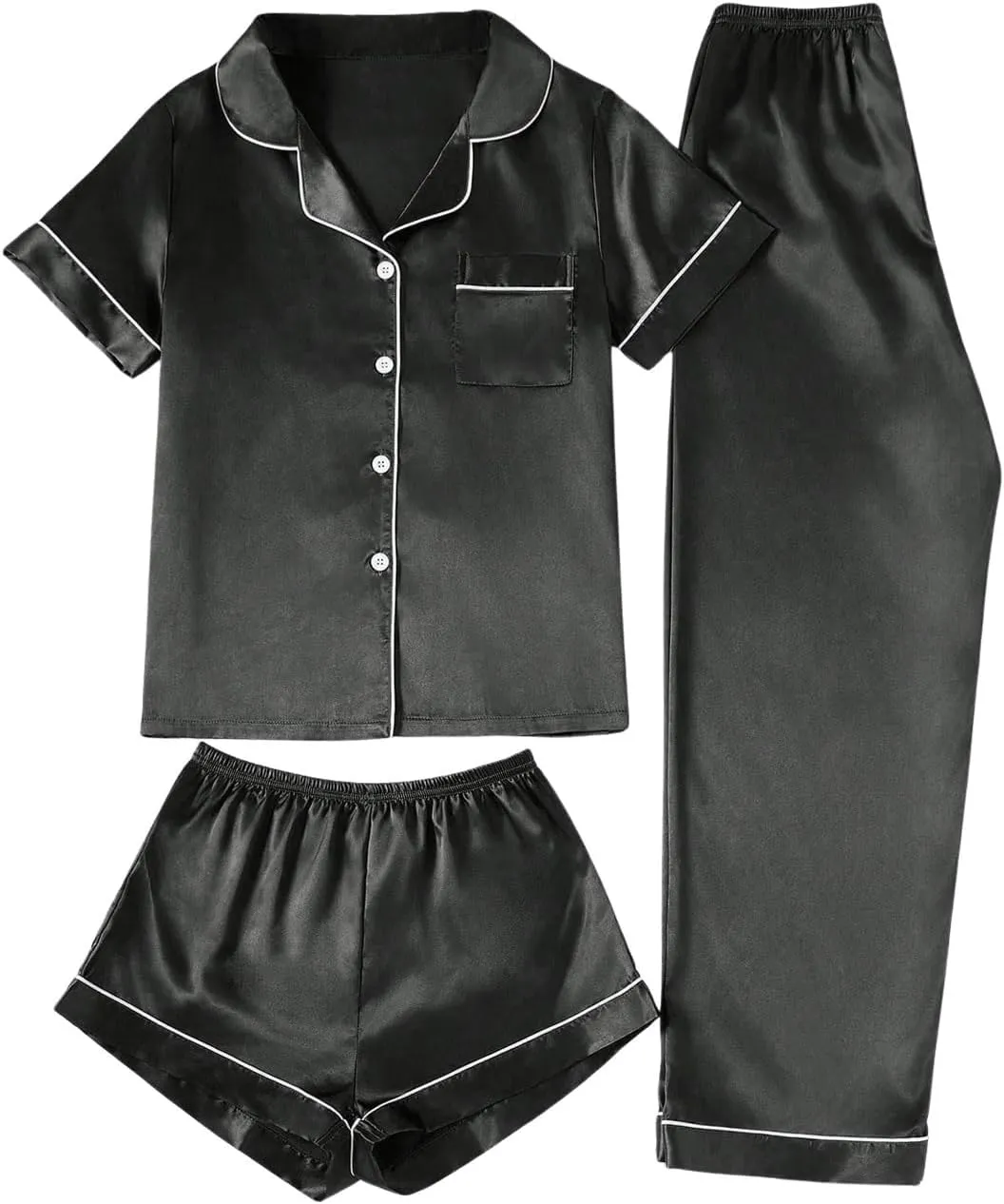 MakeMeChic Women's 3 Piece Satin Pajama Set Short Sleeve Button Down Shirt Shorts Pants Sleep Loungewear