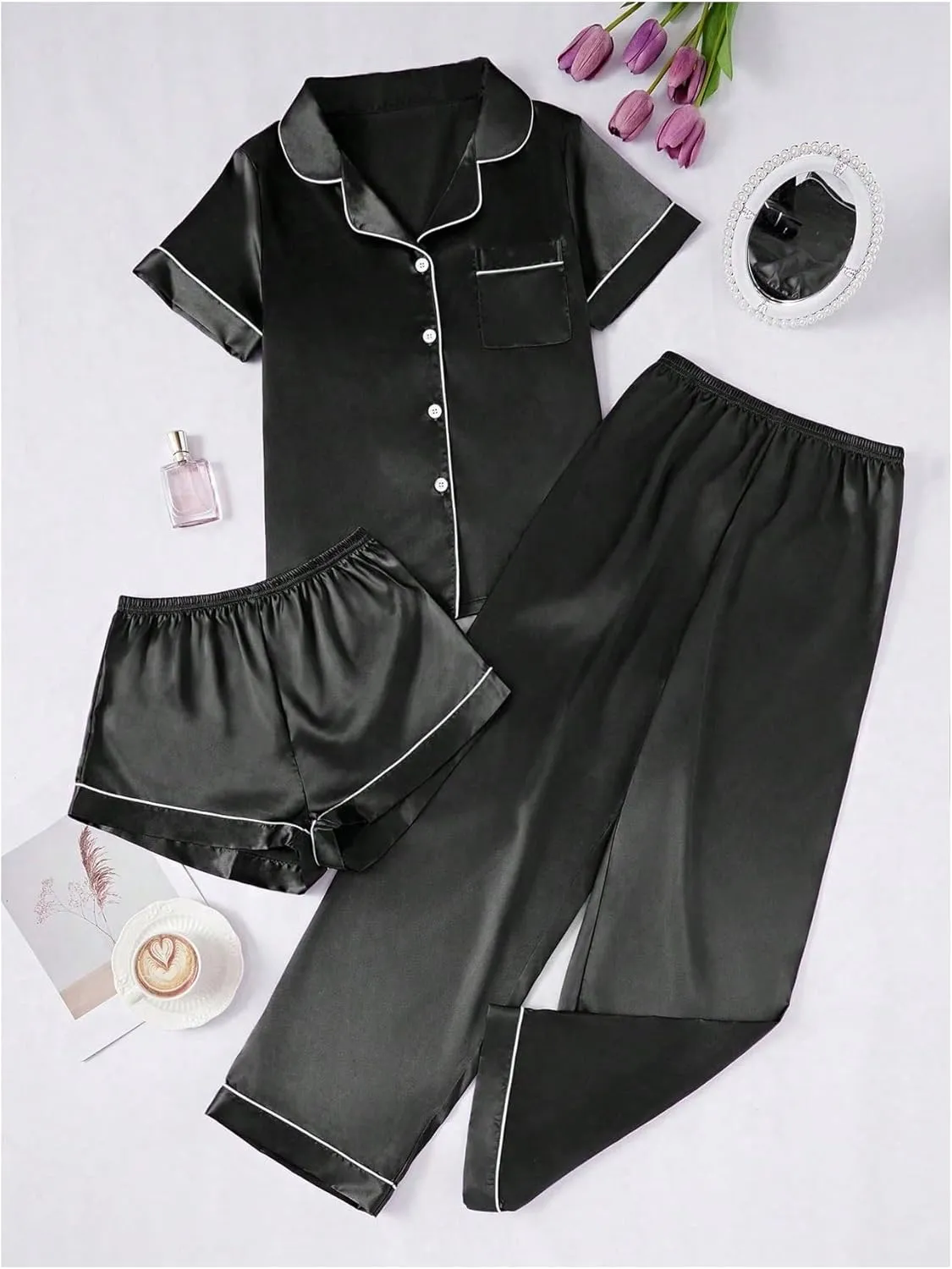 MakeMeChic Women's 3 Piece Satin Pajama Set Short Sleeve Button Down Shirt Shorts Pants Sleep Loungewear