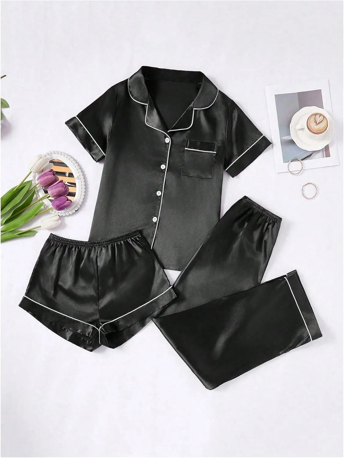MakeMeChic Women's 3 Piece Satin Pajama Set Short Sleeve Button Down Shirt Shorts Pants Sleep Loungewear