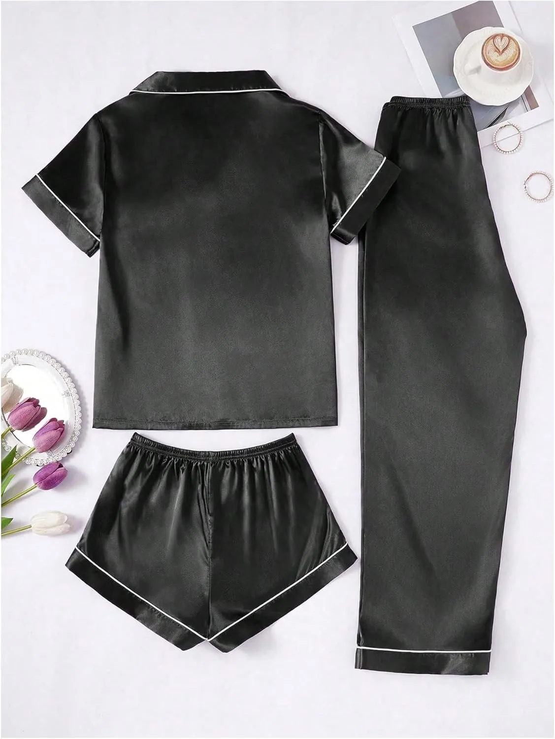 MakeMeChic Women's 3 Piece Satin Pajama Set Short Sleeve Button Down Shirt Shorts Pants Sleep Loungewear