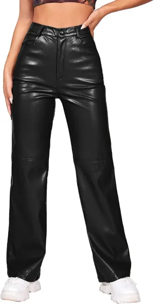 MakeMeChic Women's Faux Leather Pants Straight Wide Leg Leather Pants Black