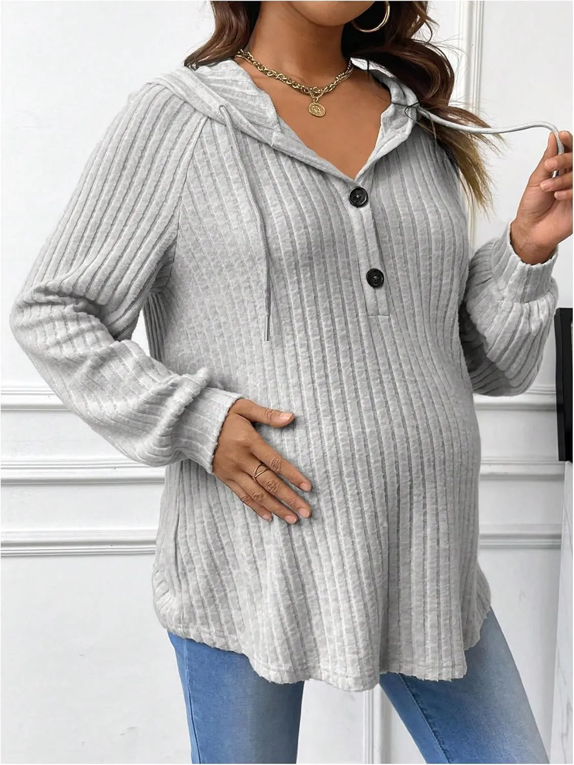 MakeMeChic Women's Maternity Sweatshirt Drawstring Button Long Sleeve Knitted Hoodie Pullover Sweater Pregnancy Tops