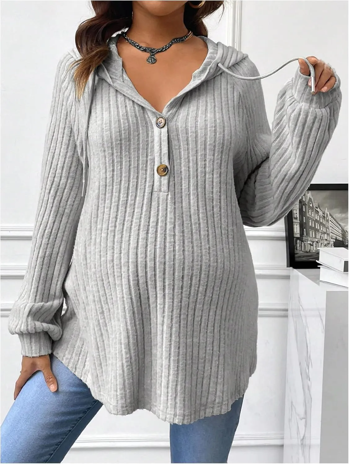 MakeMeChic Women's Maternity Sweatshirt Drawstring Button Long Sleeve Knitted Hoodie Pullover Sweater Pregnancy Tops
