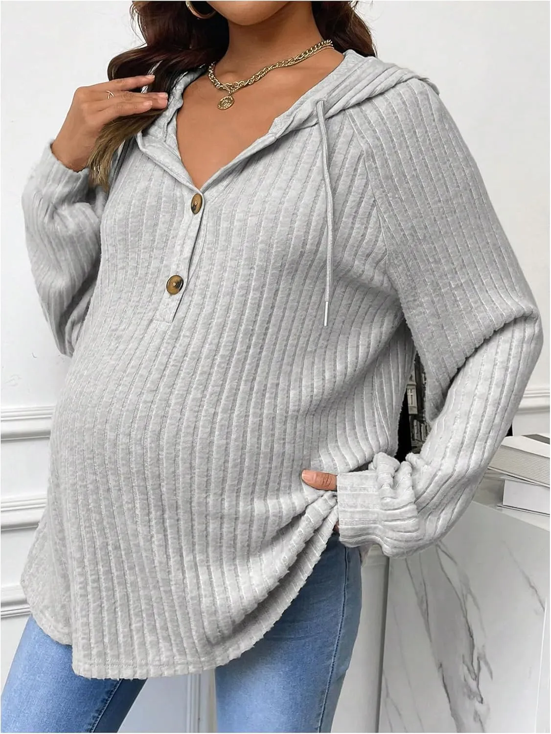 MakeMeChic Women's Maternity Sweatshirt Drawstring Button Long Sleeve Knitted Hoodie Pullover Sweater Pregnancy Tops