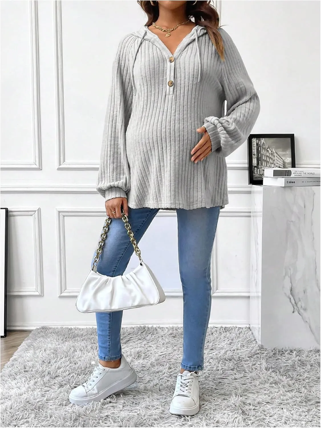 MakeMeChic Women's Maternity Sweatshirt Drawstring Button Long Sleeve Knitted Hoodie Pullover Sweater Pregnancy Tops