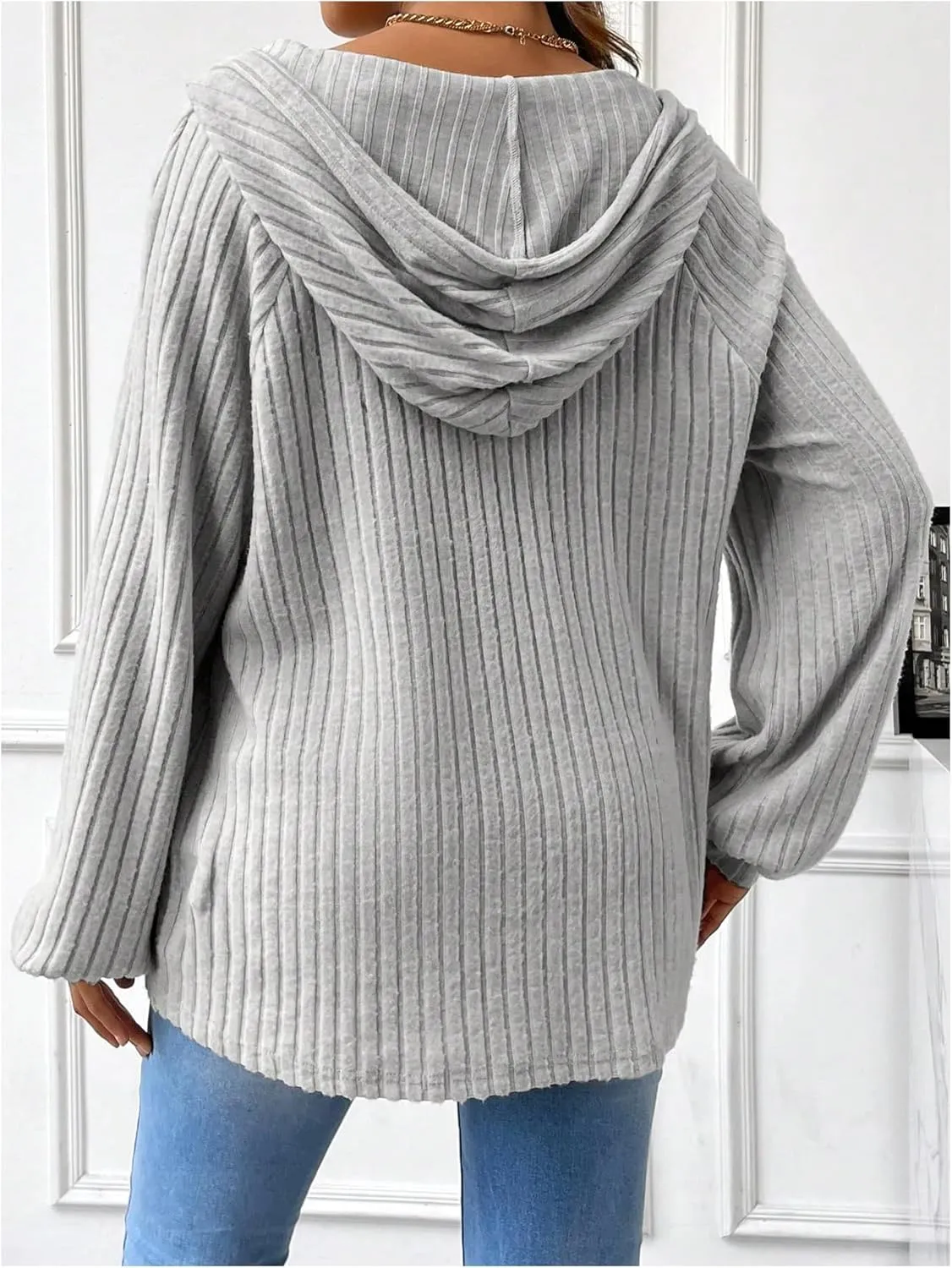 MakeMeChic Women's Maternity Sweatshirt Drawstring Button Long Sleeve Knitted Hoodie Pullover Sweater Pregnancy Tops