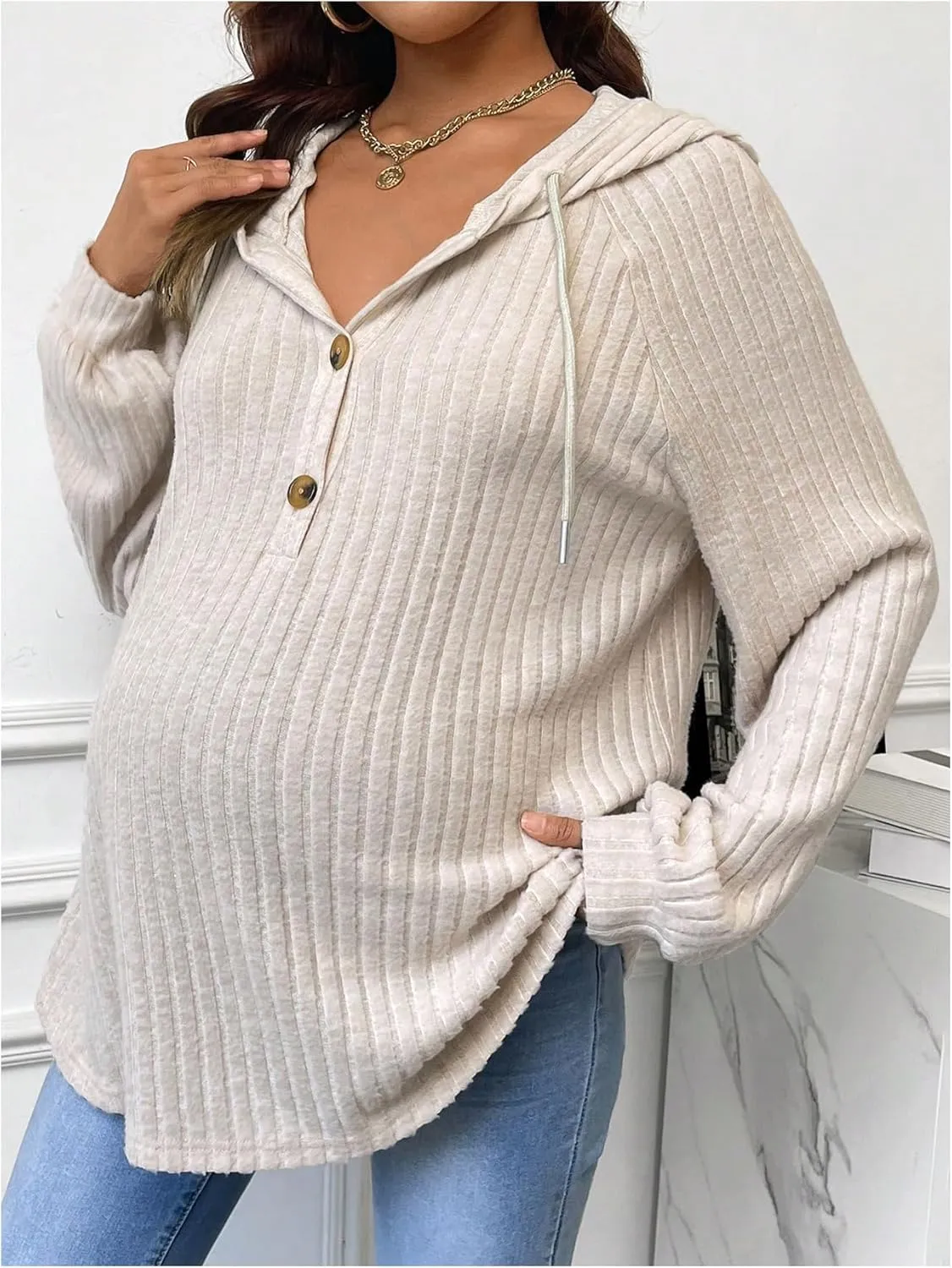 MakeMeChic Women's Maternity Sweatshirt Drawstring Button Long Sleeve Knitted Hoodie Pullover Sweater Pregnancy Tops