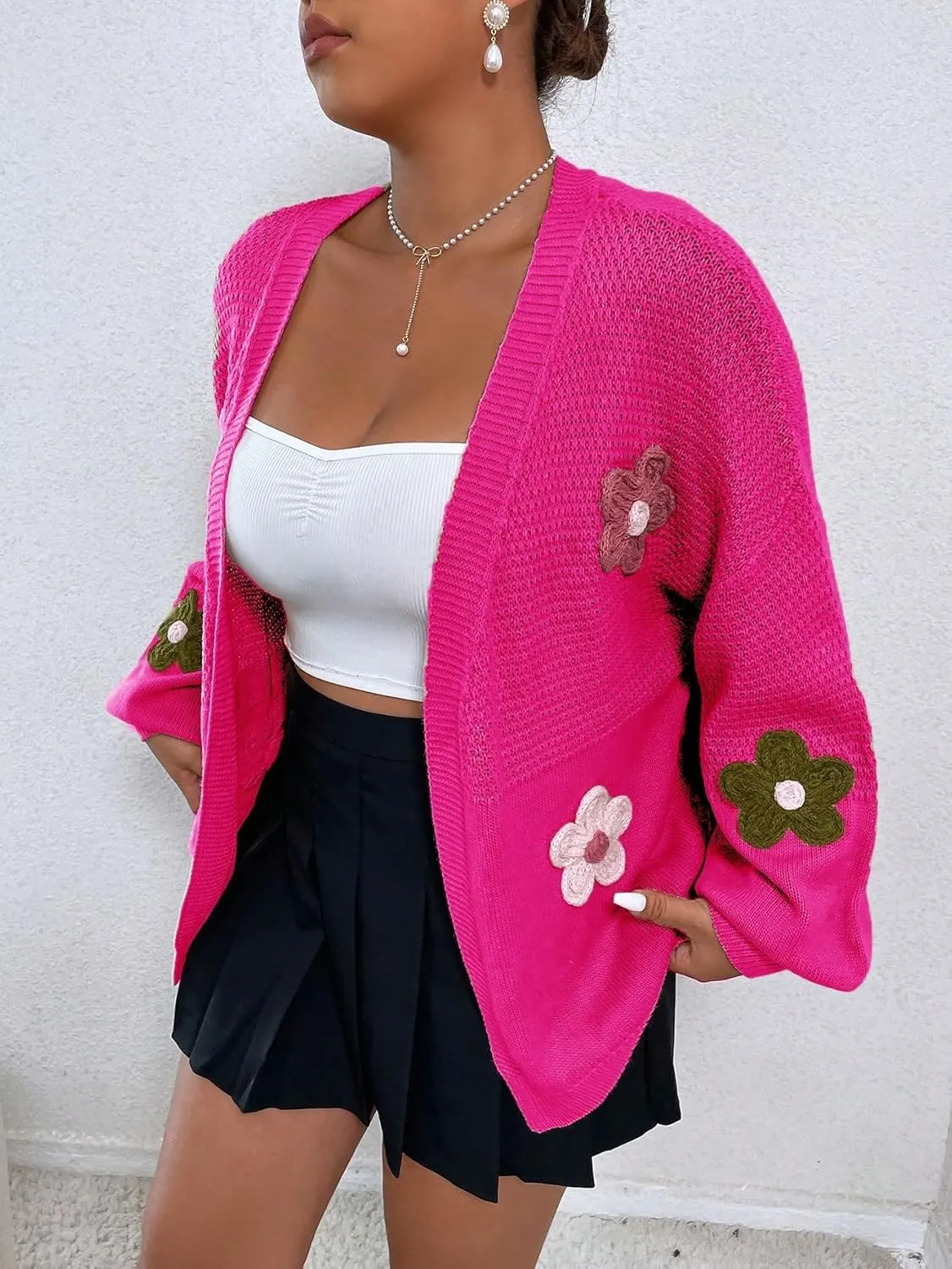 MakeMeChic Women's Plus Size Graphic Print Button Front V Neck Cardigan Sweater