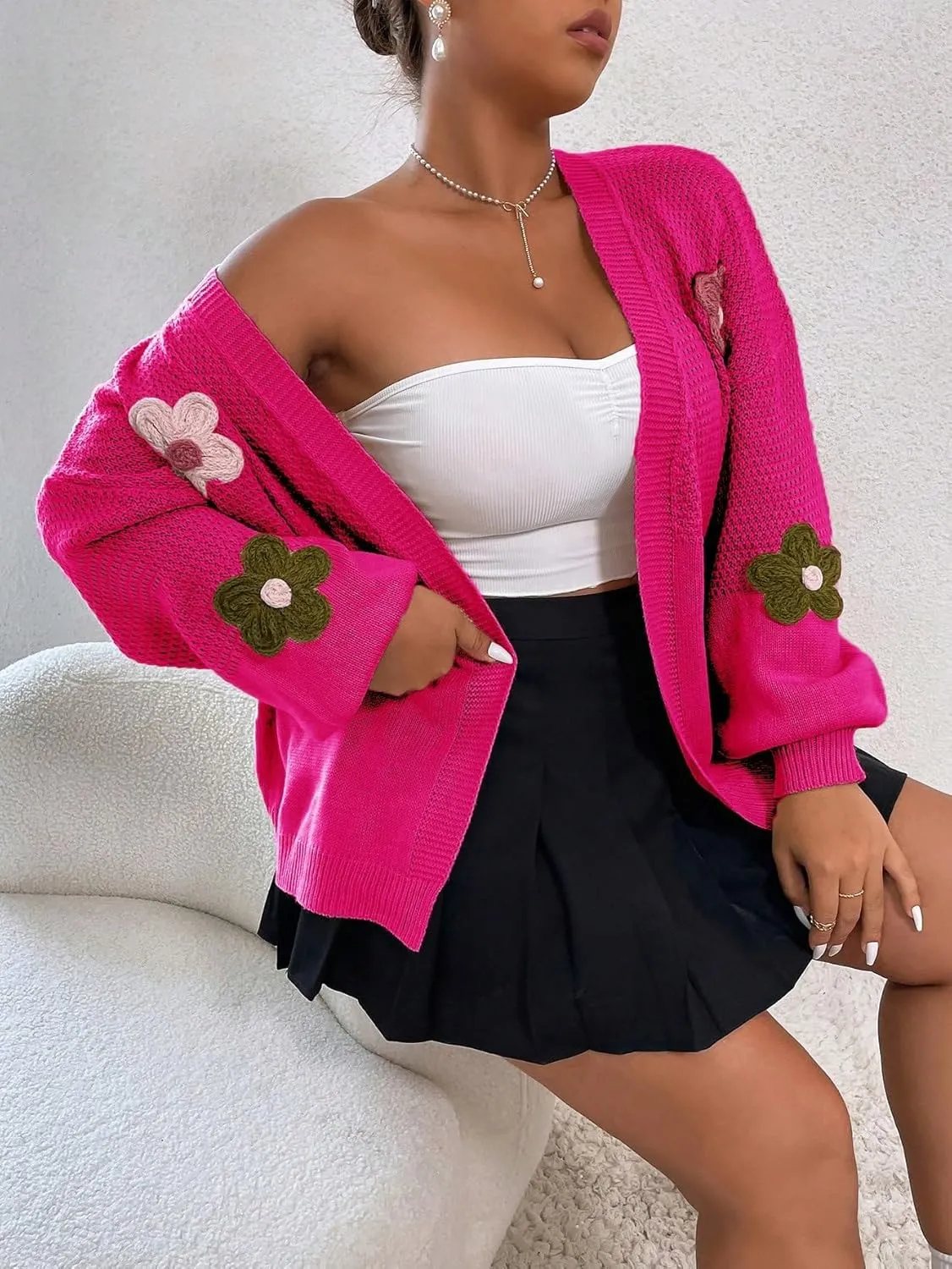 MakeMeChic Women's Plus Size Graphic Print Button Front V Neck Cardigan Sweater