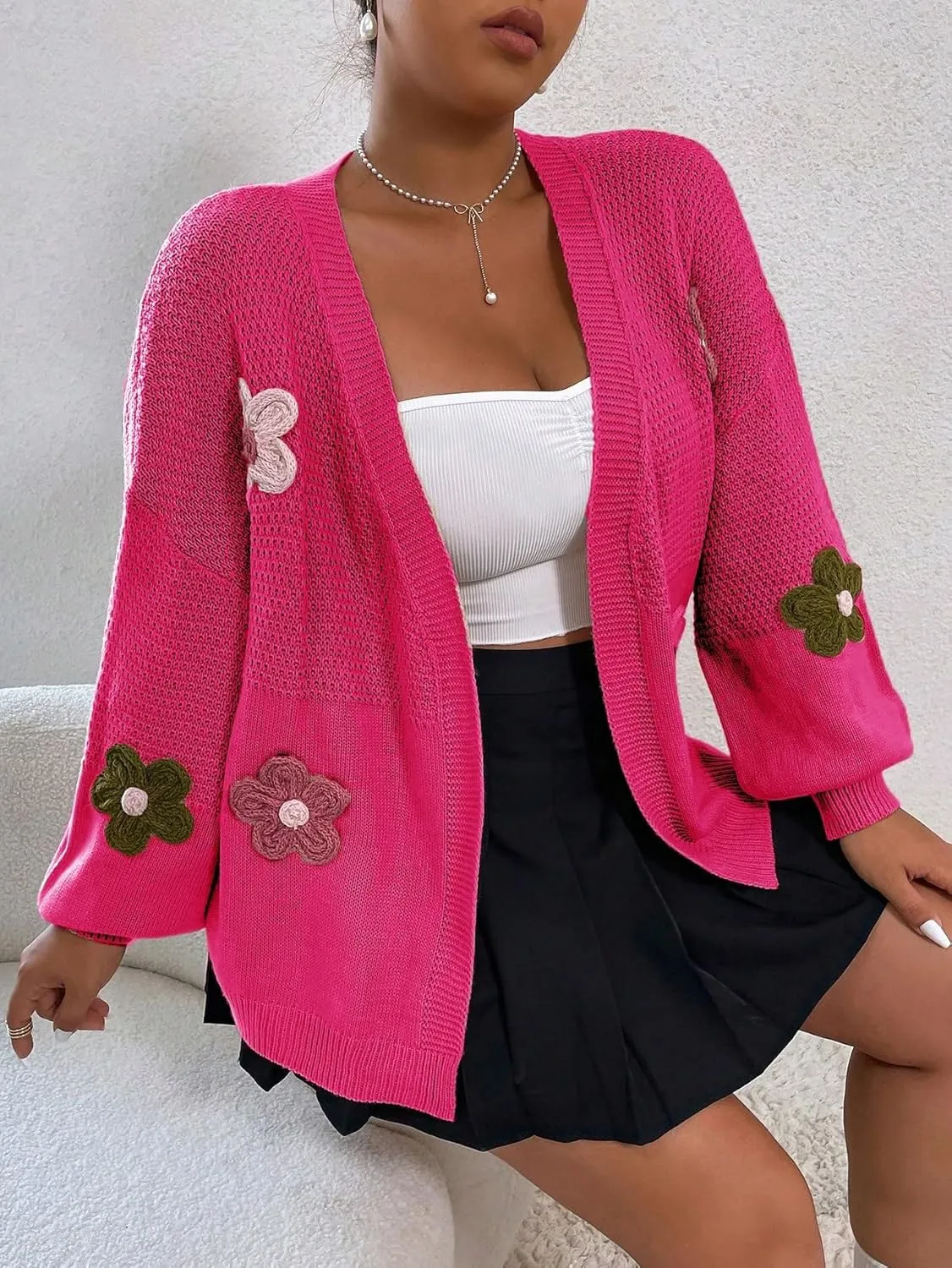 MakeMeChic Women's Plus Size Graphic Print Button Front V Neck Cardigan Sweater