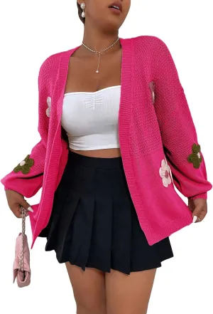 MakeMeChic Women's Plus Size Graphic Print Button Front V Neck Cardigan Sweater