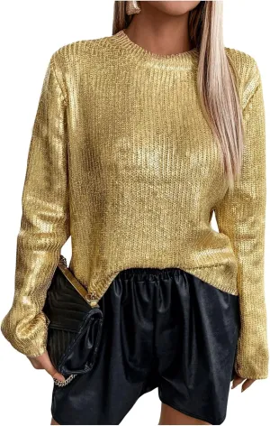 MakeMeChic Women's Sequin Sparkly Sweater Crew Neck Long Sleeve Pullover Top