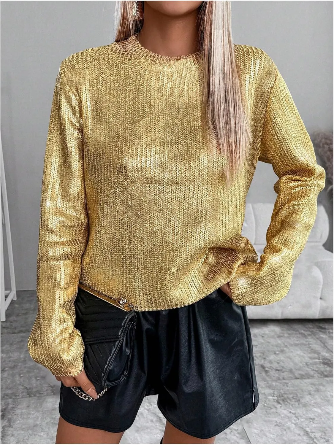 MakeMeChic Women's Sequin Sparkly Sweater Crew Neck Long Sleeve Pullover Top