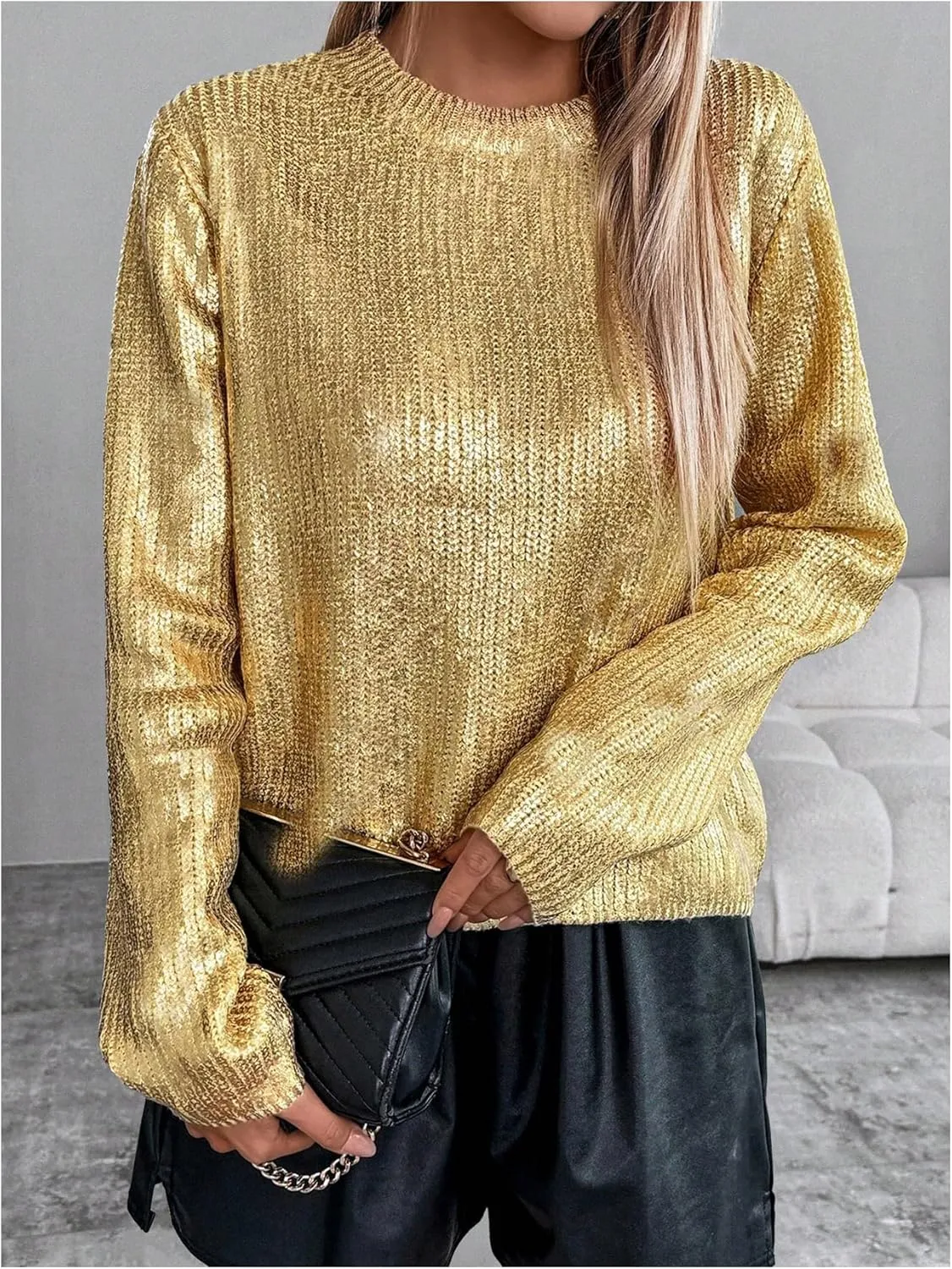 MakeMeChic Women's Sequin Sparkly Sweater Crew Neck Long Sleeve Pullover Top
