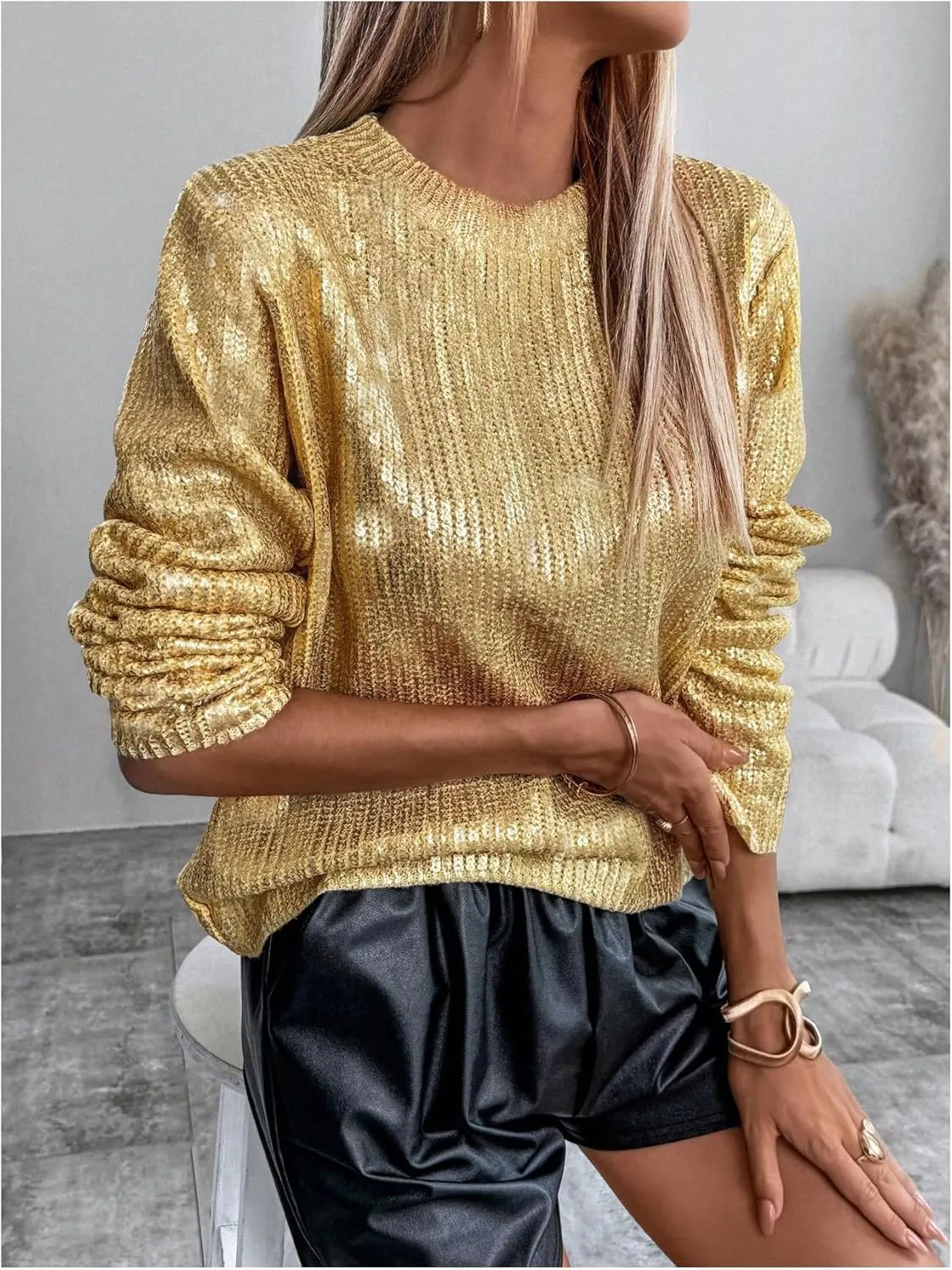 MakeMeChic Women's Sequin Sparkly Sweater Crew Neck Long Sleeve Pullover Top