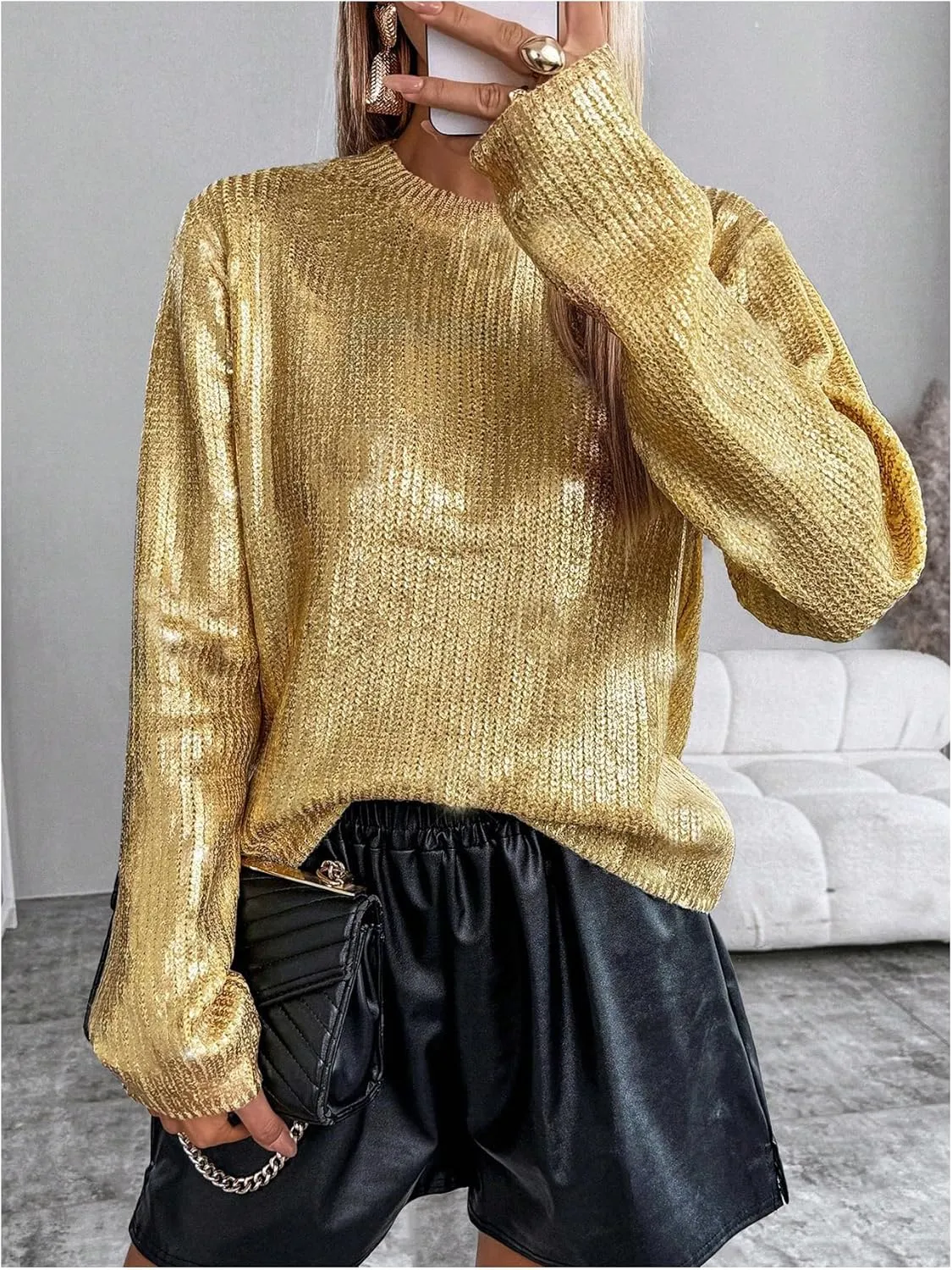 MakeMeChic Women's Sequin Sparkly Sweater Crew Neck Long Sleeve Pullover Top