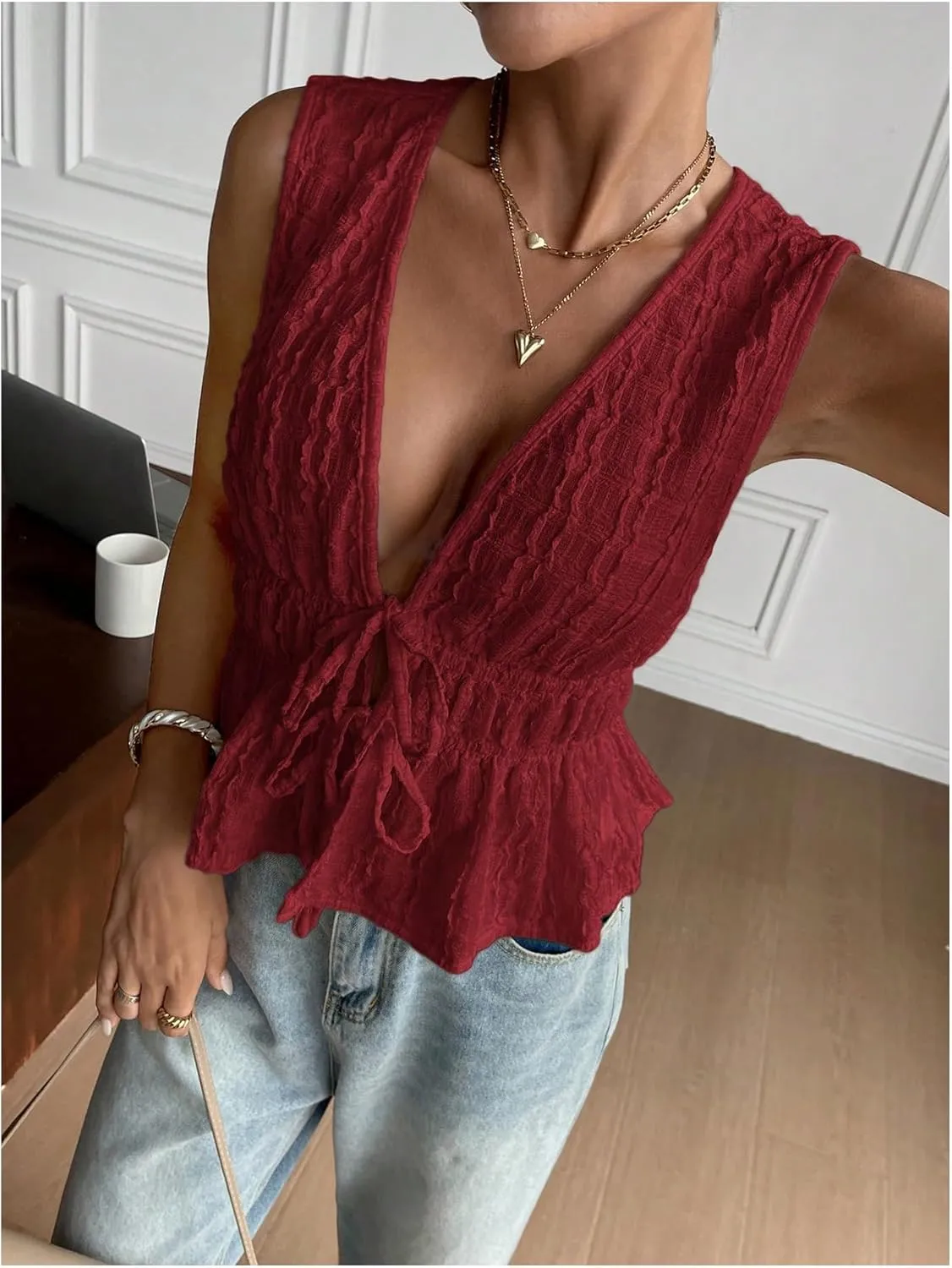 MakeMeChic Women's Tie Front V Neck Tank Top Bow Sleeveless Ruffle Hem Crop Tops