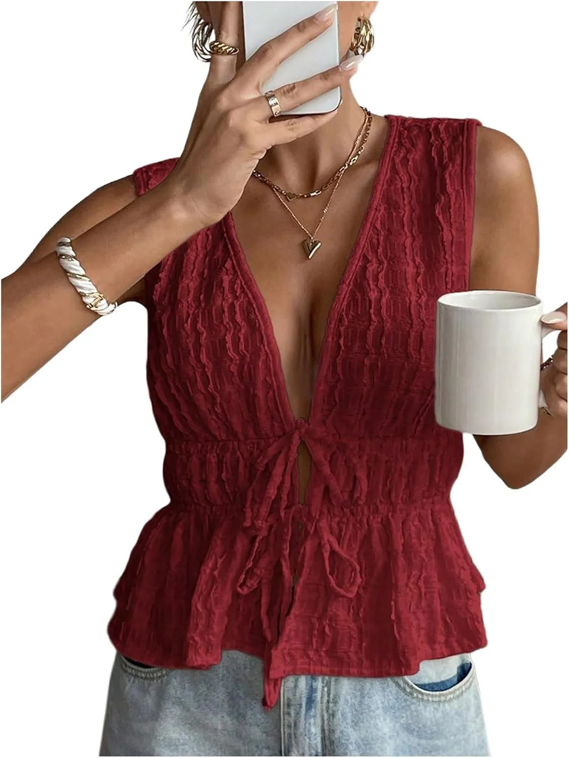 MakeMeChic Women's Tie Front V Neck Tank Top Bow Sleeveless Ruffle Hem Crop Tops