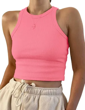 Meladyan Women's Round Neck Basic Racerback Camisole Rib-Knit Solid Sleeveless Crop Tank Tops