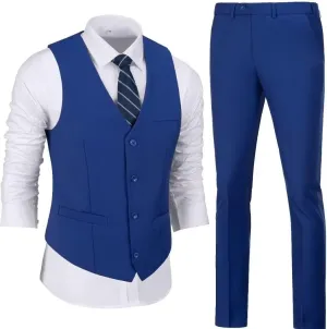Men 2 Pieces Dress Suit Vest Pant Set Slim Fit Casual Suit Waistcoat