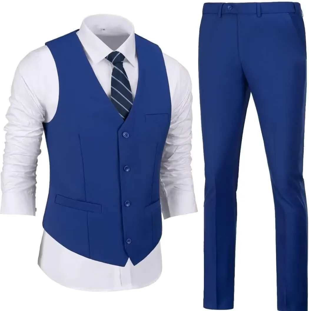 Men 2 Pieces Dress Suit Vest Pant Set Slim Fit Casual Suit Waistcoat