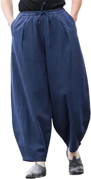 Men Baggy Cotton Linen Casual Wide Leg Jogger Trousers Lightweight Drawstring Harem Pants