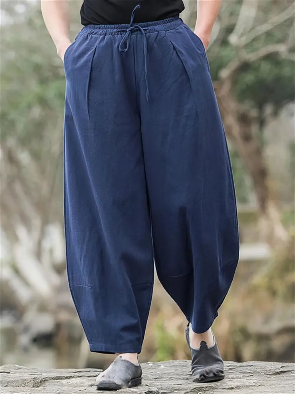 Men Baggy Cotton Linen Casual Wide Leg Jogger Trousers Lightweight Drawstring Harem Pants