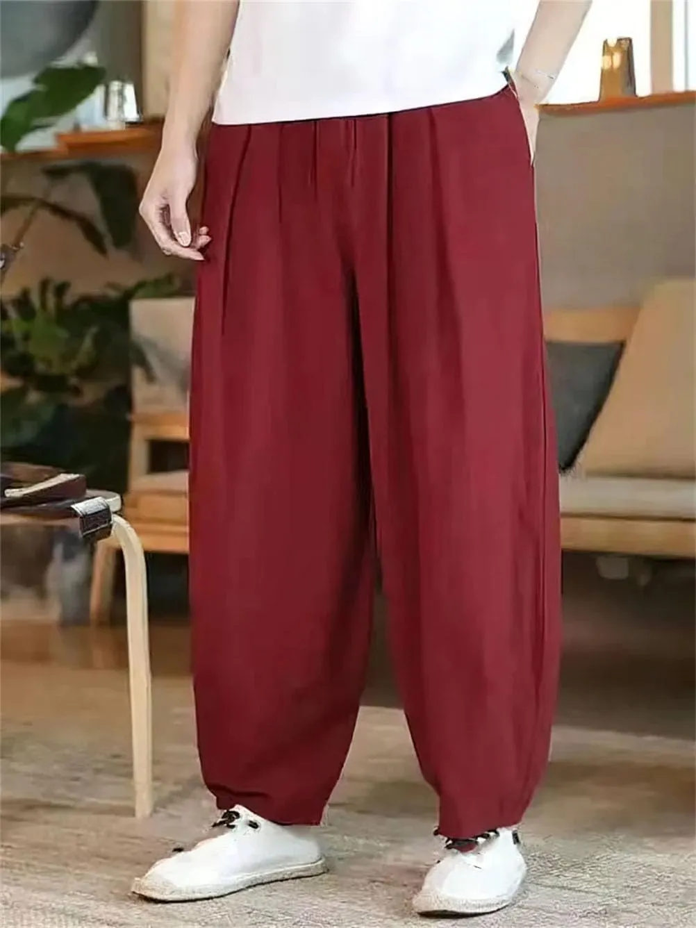Men Baggy Cotton Linen Casual Wide Leg Jogger Trousers Lightweight Drawstring Harem Pants