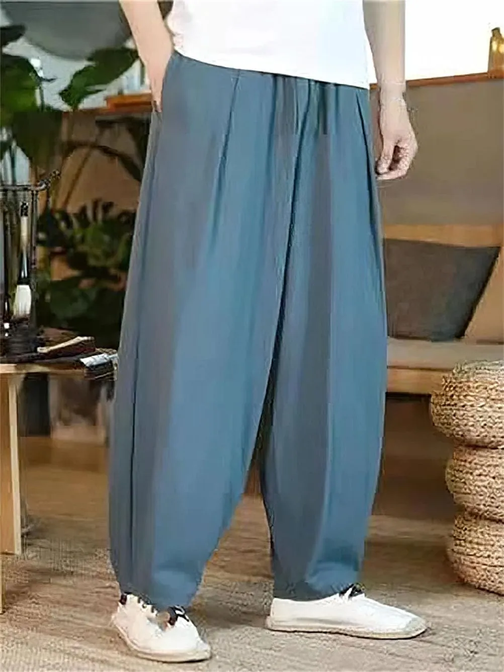 Men Baggy Cotton Linen Casual Wide Leg Jogger Trousers Lightweight Drawstring Harem Pants