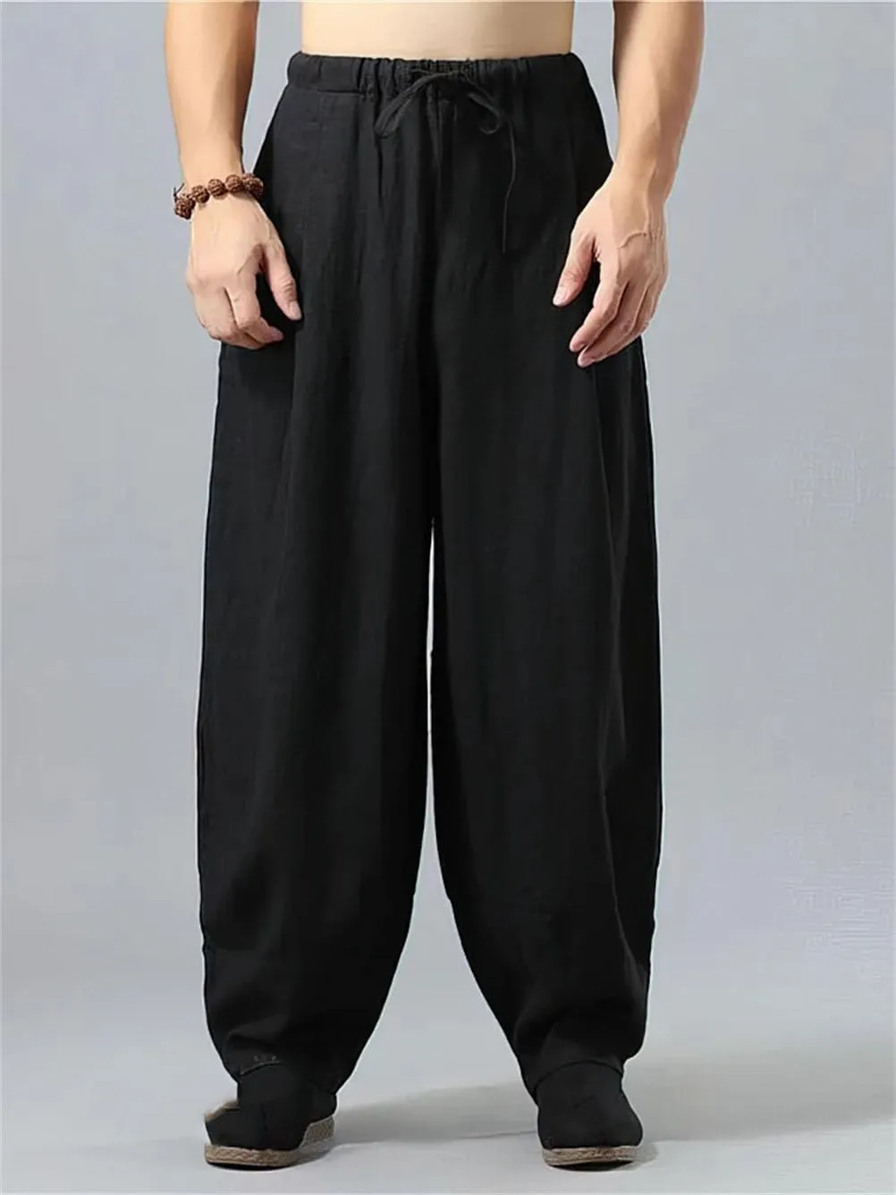 Men Baggy Cotton Linen Casual Wide Leg Jogger Trousers Lightweight Drawstring Harem Pants