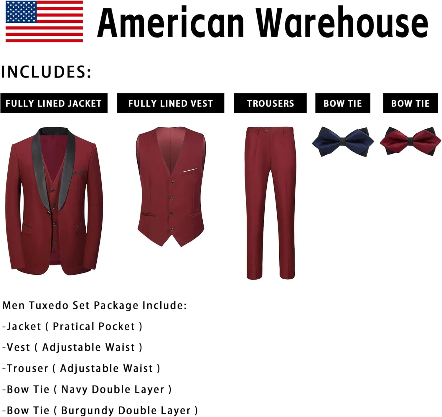 Men Suits Slim Fit 3 Pieces Sets Tuxedo Blazer Vest Pants Shawl Lapel Bow Ties for Prom Party Wedding Business Dinner