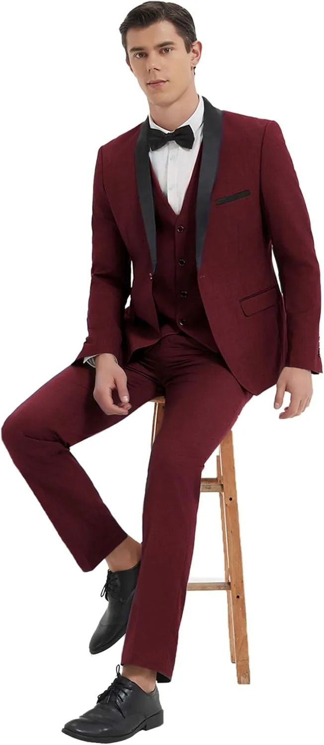 Men Suits Slim Fit 3 Pieces Sets Tuxedo Blazer Vest Pants Shawl Lapel Bow Ties for Prom Party Wedding Business Dinner