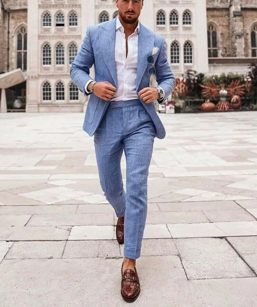 Mens 2 Piece Linen Suit Slim Fit Wedding Tuxedo Summer Beach Suit Prom Party Blazer Pants