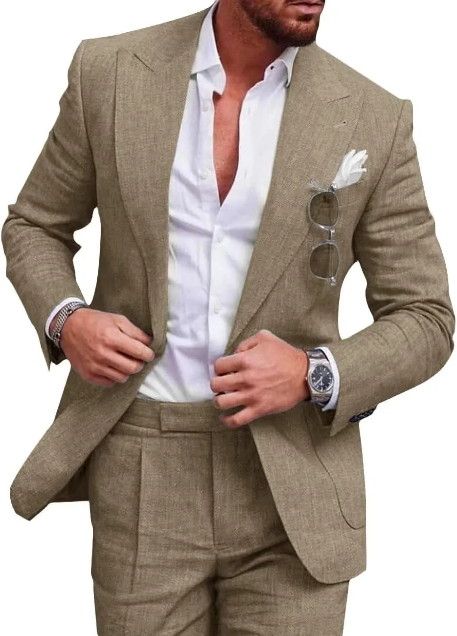 Mens 2 Piece Linen Suit Slim Fit Wedding Tuxedo Summer Beach Suit Prom Party Blazer Pants