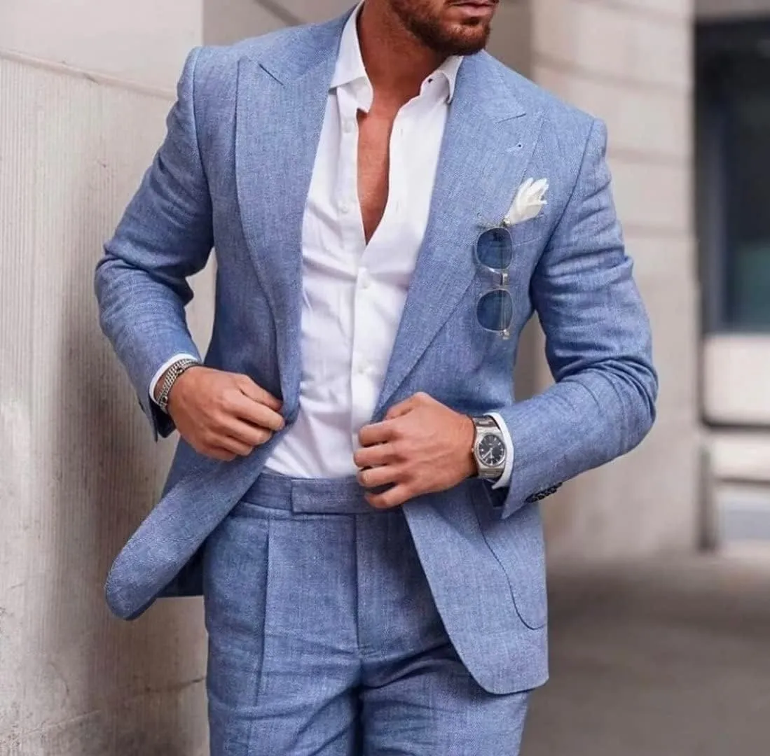 Mens 2 Piece Linen Suit Slim Fit Wedding Tuxedo Summer Beach Suit Prom Party Blazer Pants