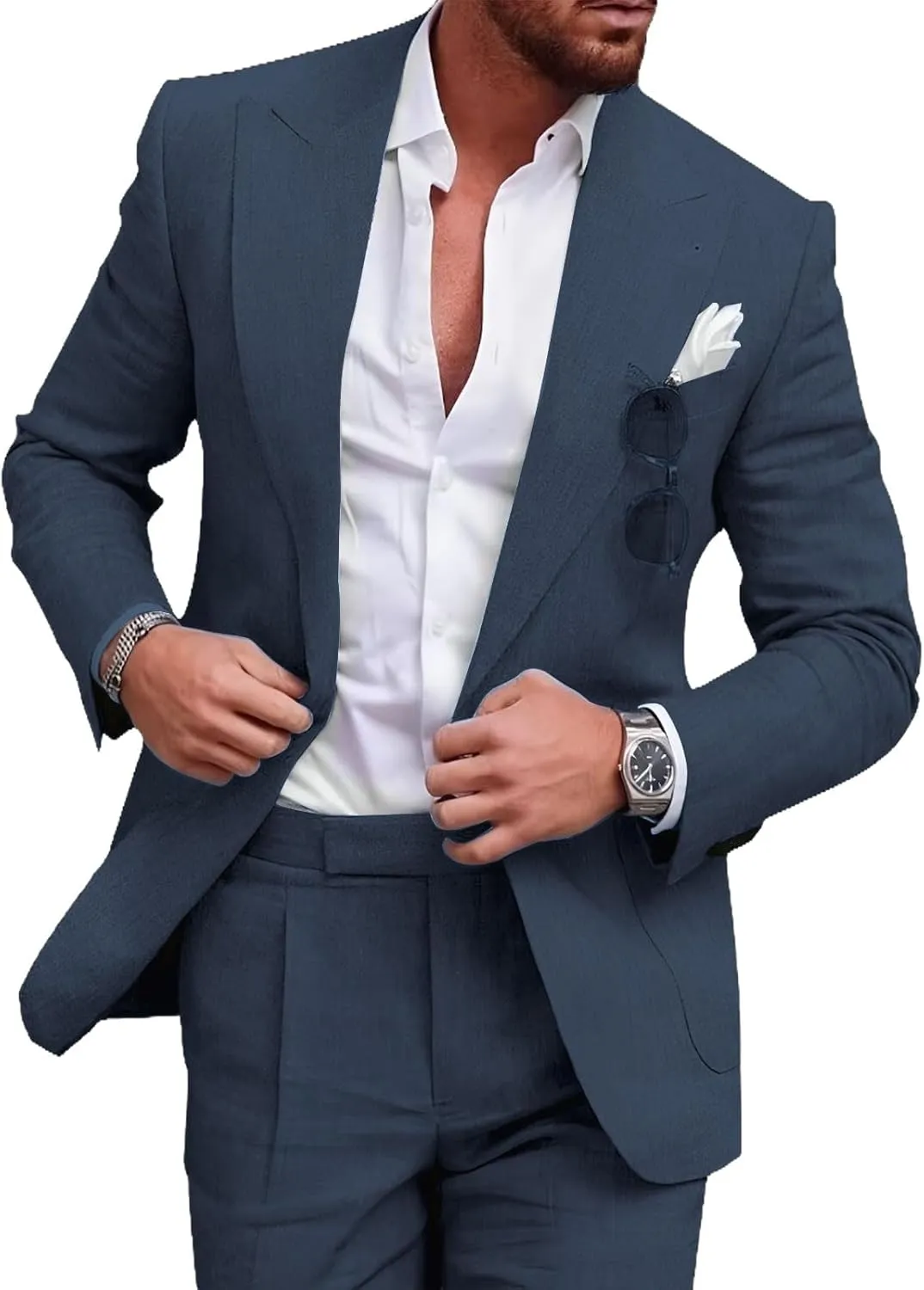 Mens 2 Piece Linen Suit Slim Fit Wedding Tuxedo Summer Beach Suit Prom Party Blazer Pants