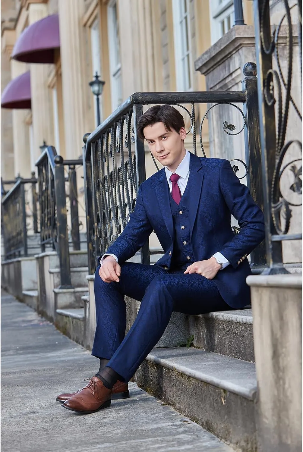 Men's 3 Piece Suits Slim Fit Plaid Double Breasted Blazer Vest Pants Set Wedding Party Tuxedo