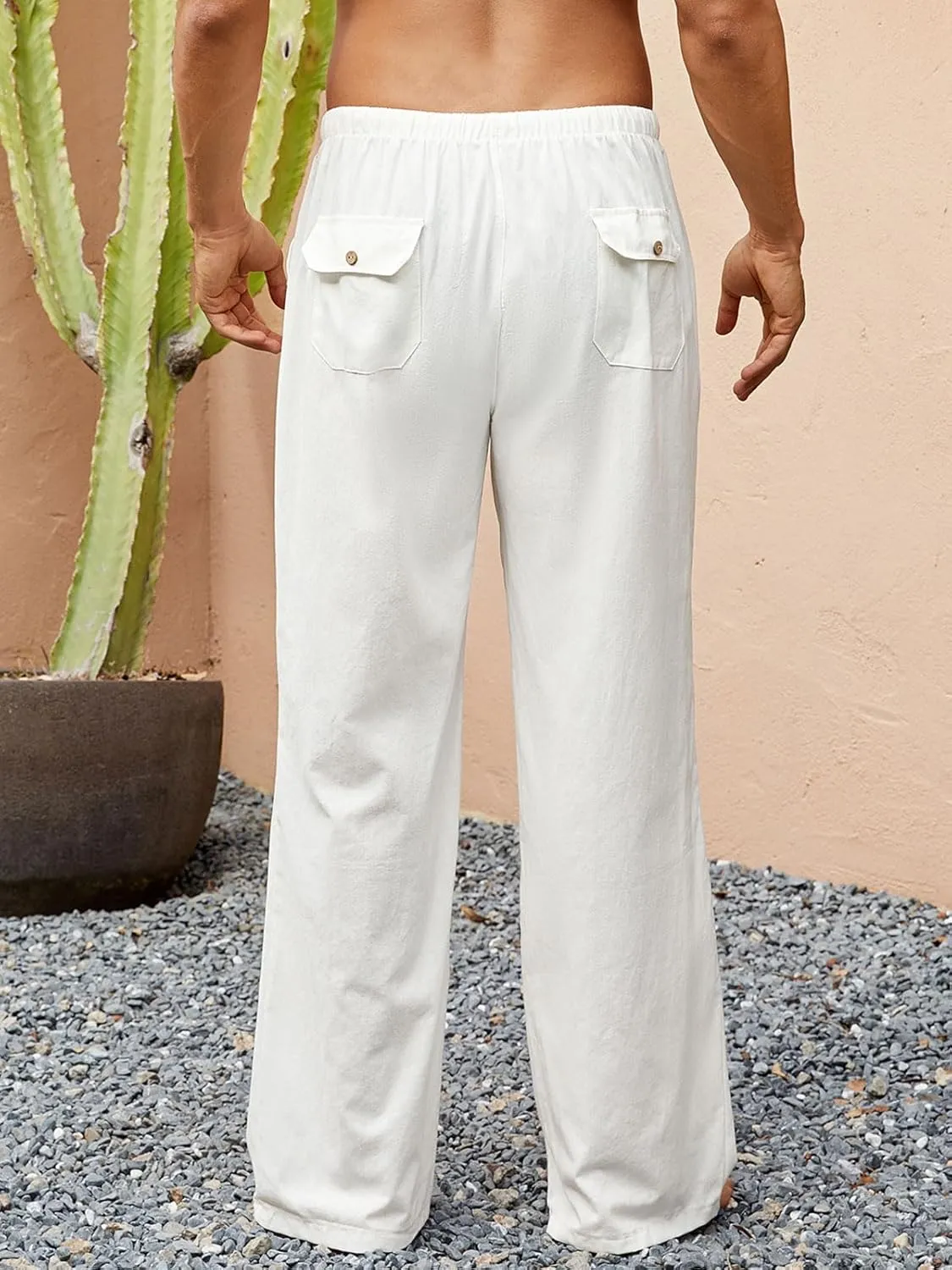 Mens Casual Linen Pants Elastic Waist Wide Leg Summer Beach Yoga Pants Linen Lounge Trousers
