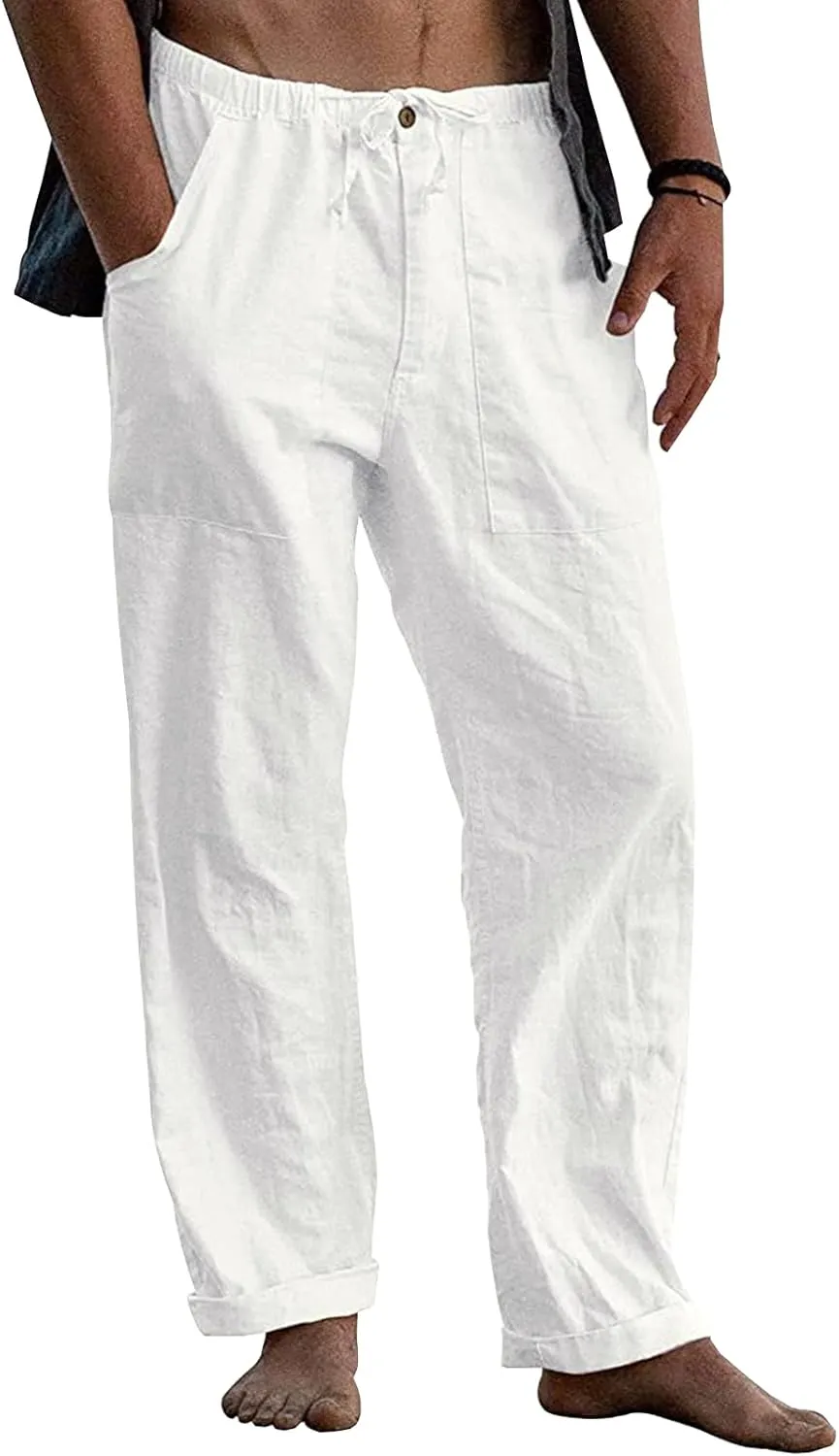 Mens Casual Linen Pants Elastic Waist Wide Leg Summer Beach Yoga Pants Linen Lounge Trousers