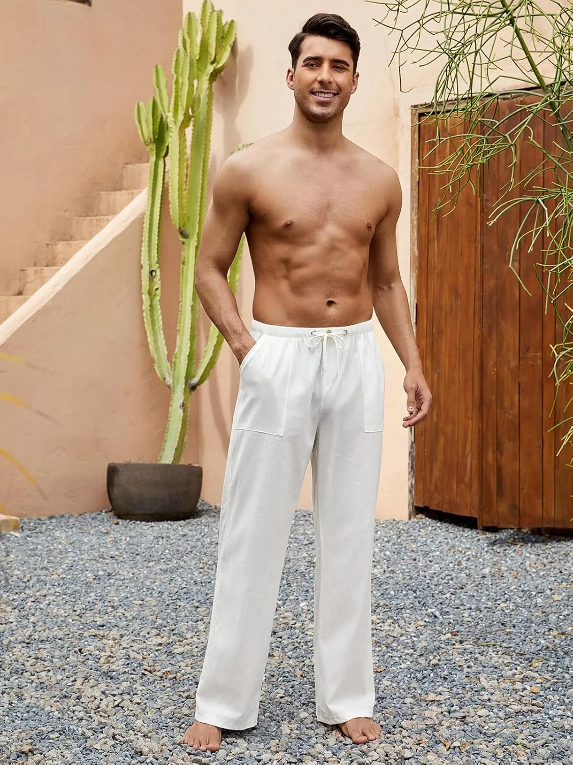 Mens Casual Linen Pants Elastic Waist Wide Leg Summer Beach Yoga Pants Linen Lounge Trousers