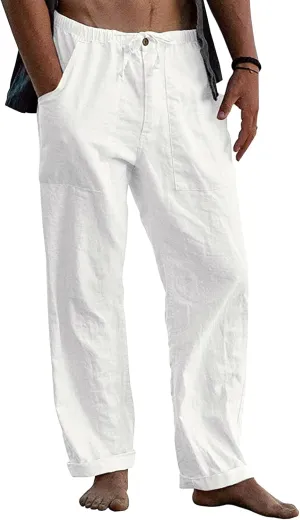 Mens Casual Linen Pants Elastic Waist Wide Leg Summer Beach Yoga Pants Linen Lounge Trousers