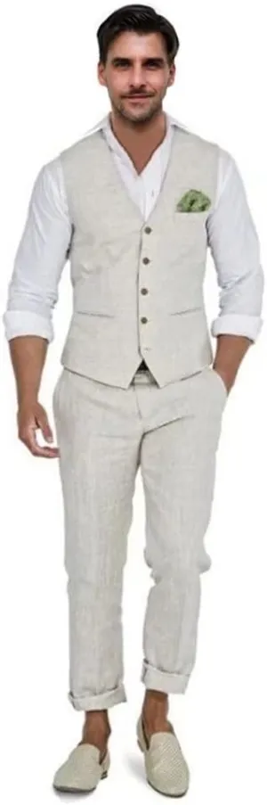 Men's Linen Suits 2 Piece Slim Fit Suit Prom Beach Wedding Groomsman Vest Pants Set Casual Summer Linen Outfit