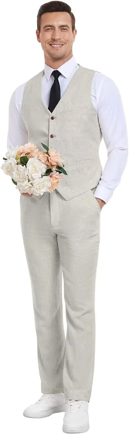 Men's Linen Suits 2 Piece Slim Fit Suit Prom Beach Wedding Groomsman Vest Pants Set Casual Summer Linen Outfit