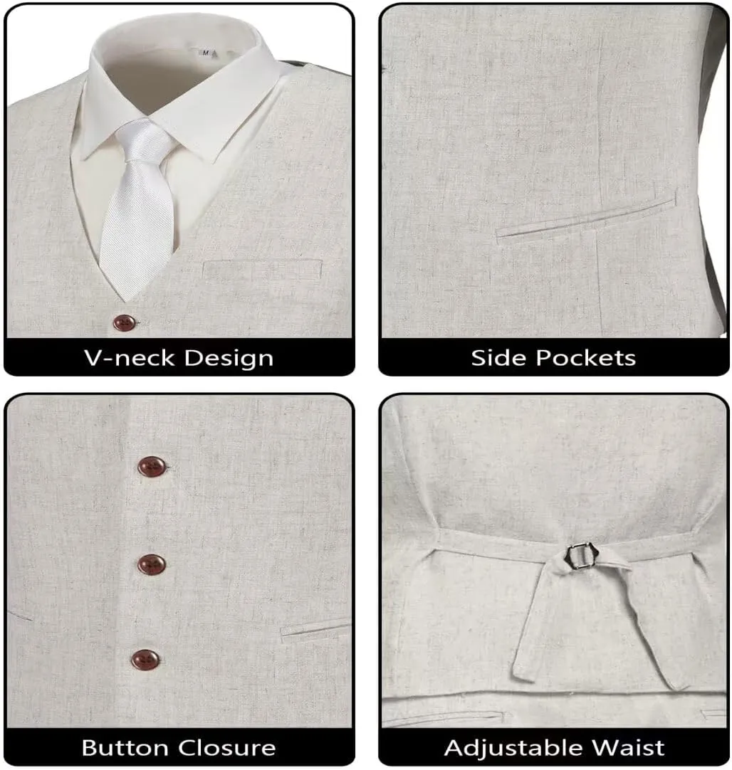 Men's Linen Suits 2 Piece Slim Fit Suit Prom Beach Wedding Groomsman Vest Pants Set Casual Summer Linen Outfit