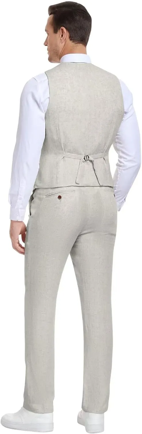 Men's Linen Suits 2 Piece Slim Fit Suit Prom Beach Wedding Groomsman Vest Pants Set Casual Summer Linen Outfit