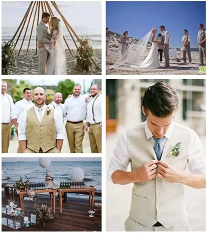 Men's Linen Suits 2 Piece Slim Fit Suit Prom Beach Wedding Groomsman Vest Pants Set Casual Summer Linen Outfit