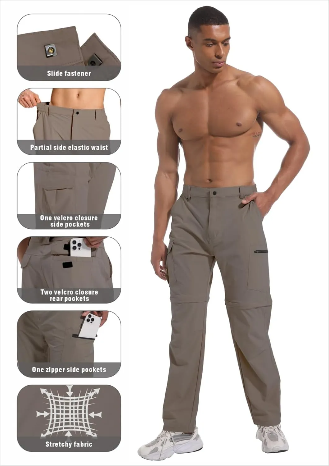 Mens Outdoor Hiking Pants Convertible Lightweight Water Resistant Quick Dry Zip Off Fishing Travel Camping Tactical Pants