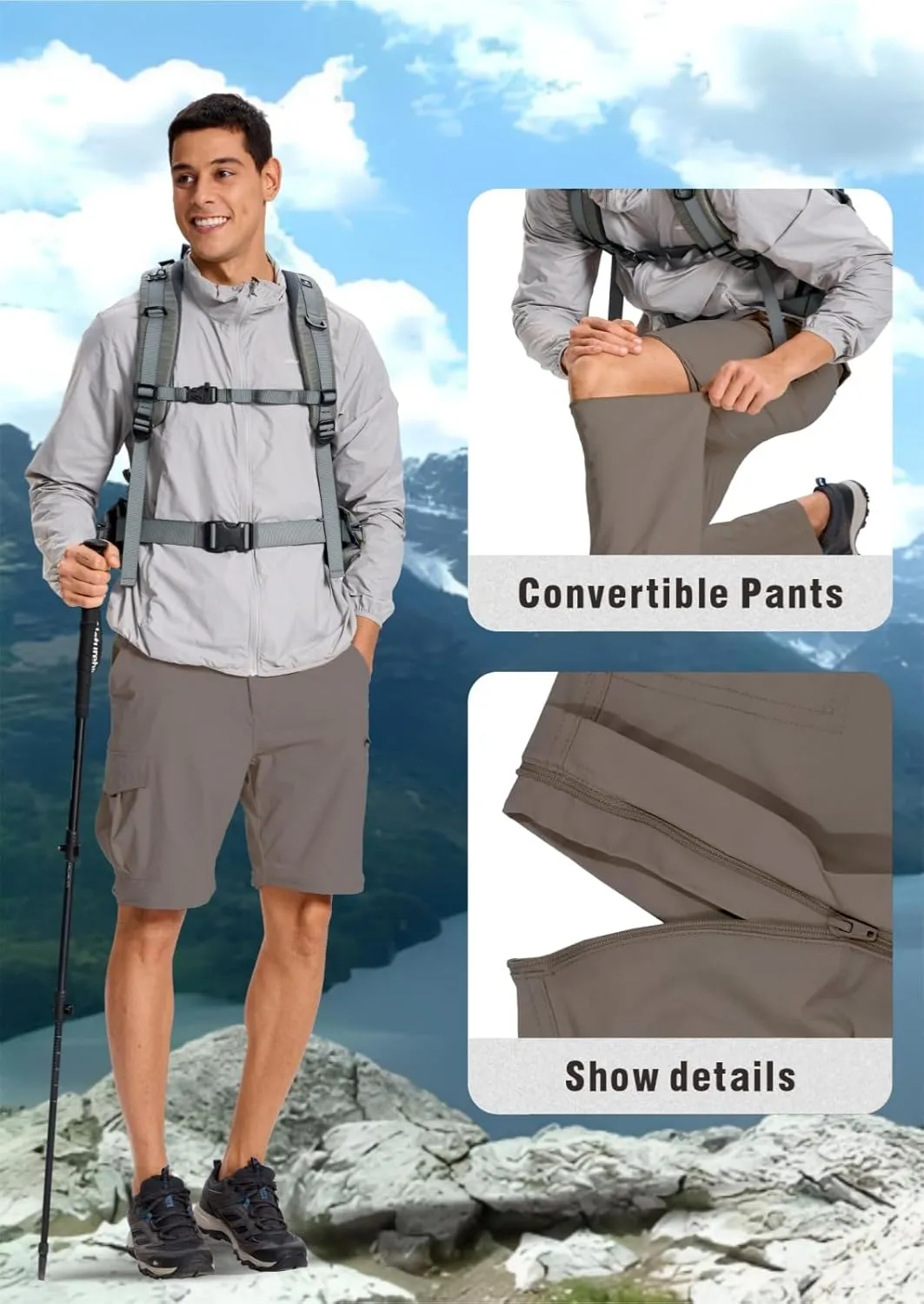 Mens Outdoor Hiking Pants Convertible Lightweight Water Resistant Quick Dry Zip Off Fishing Travel Camping Tactical Pants